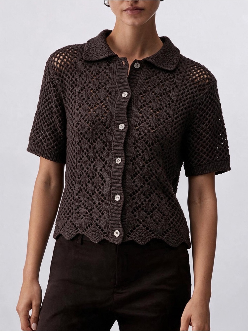 Seventy Venezia Espresso Brown Open-Knit Polo Cardigan - IT 42 (US S/M)